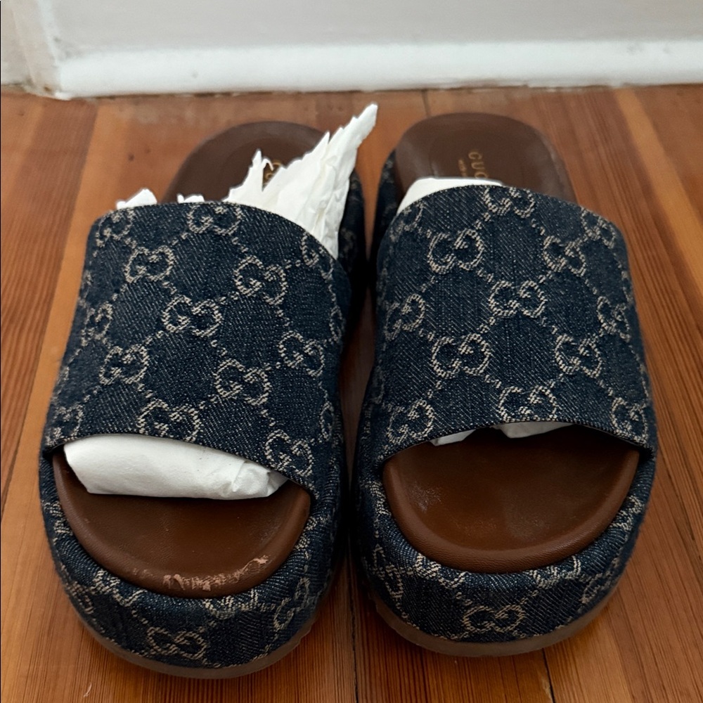 Gucci Denim GG Logo Platform Slide Sandals in Blue and Brown - Picture 2 of 4